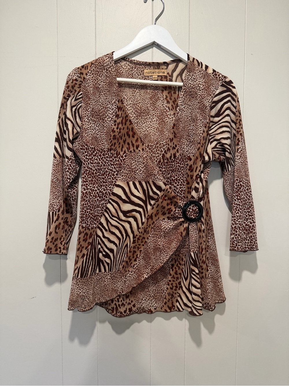 Notations Mixed Animal Print Wrap-Style Blouse in Brown and Cream